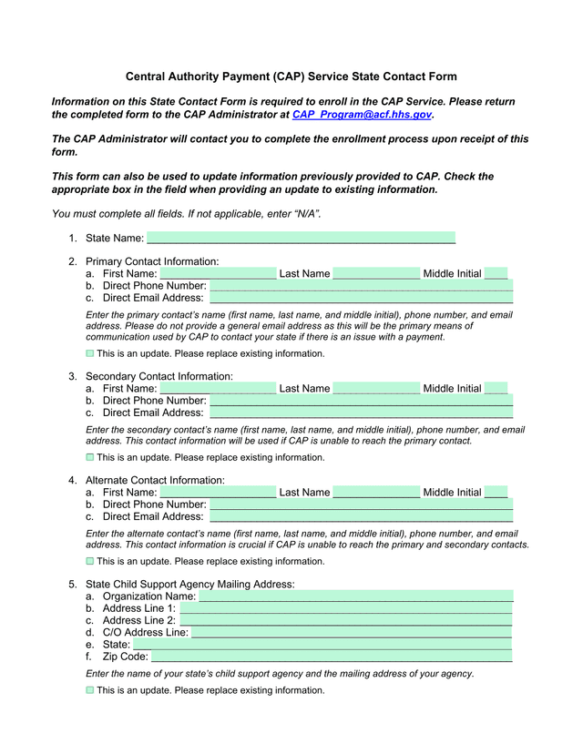 Central Authority Payment (CAP) Service State Contact Form screenshot