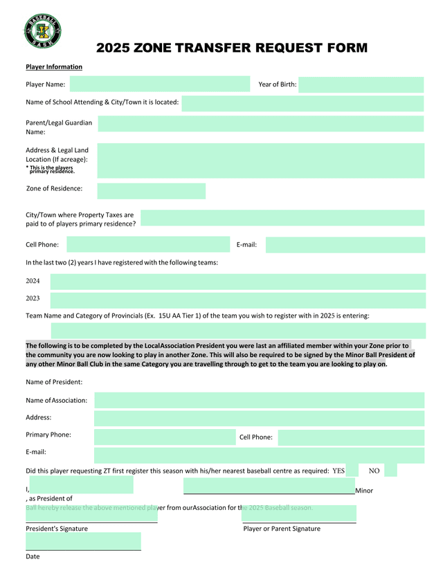 2025 Zone Transfer Request Form screenshot