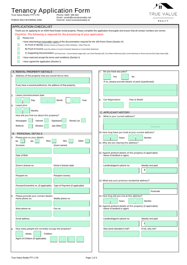 Tenancy Application Form screenshot