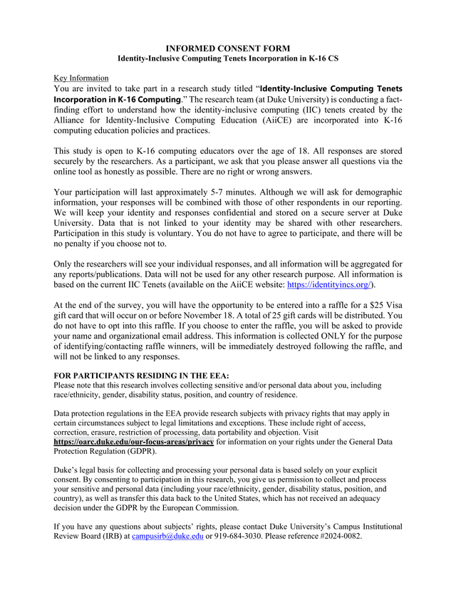Informed Consent Form For Identity Inclusive Computing Tenets Incorporation In K 16 CS screenshot
