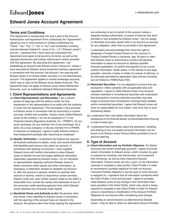 Edward Jones Account Agreement screenshot