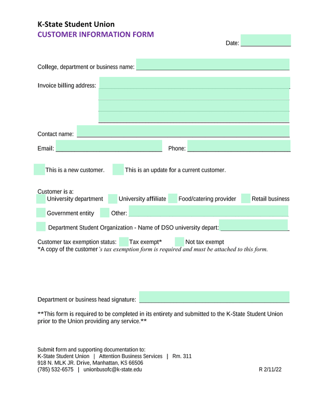 K State Student Union Customer Information Form screenshot
