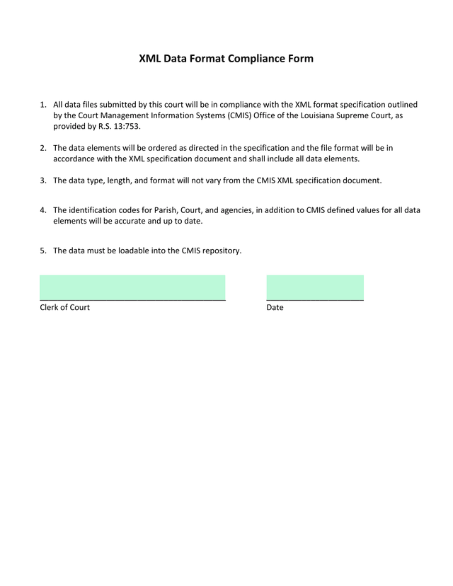 XML Data Format Compliance Form screenshot