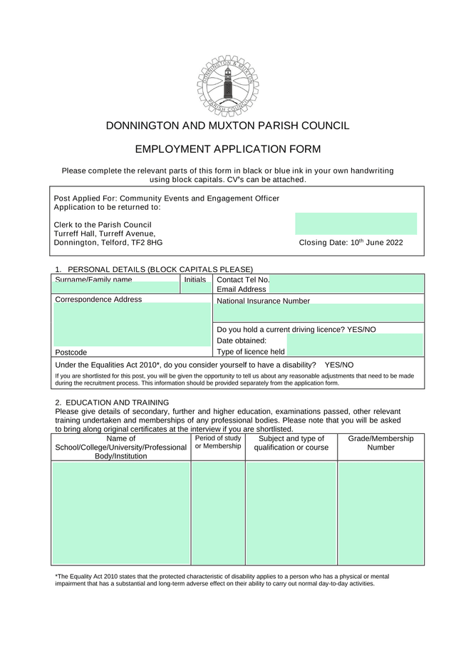 DONNINGTON AND MUXTON PARISH COUNCIL EMPLOYMENT APPLICATION FORM screenshot