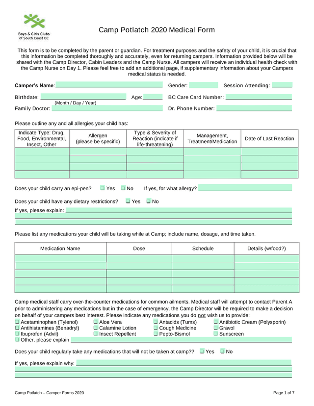 Camp Potlatch 2020 Medical Form screenshot