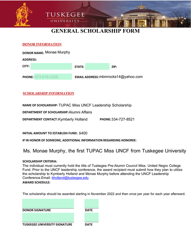 General Scholarship Form screenshot