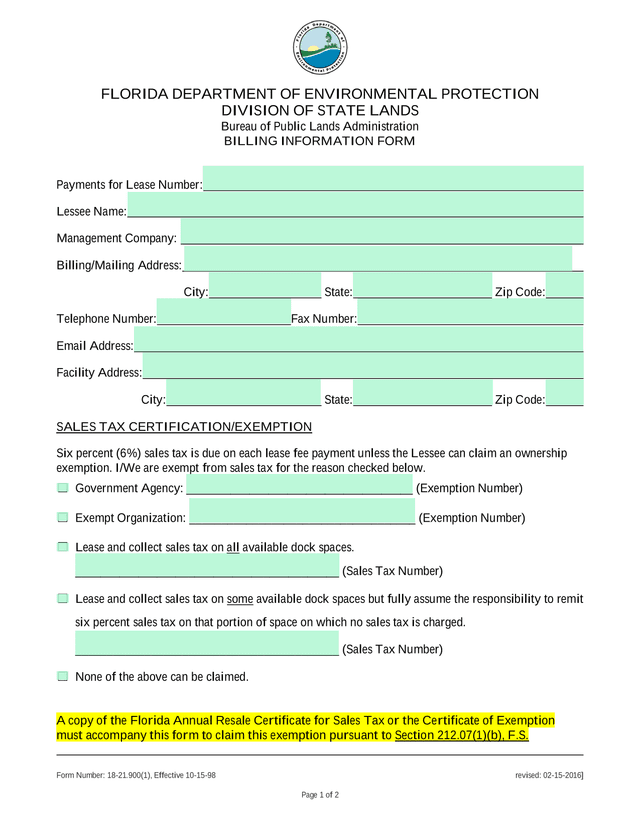 BILLING INFORMATION FORM screenshot