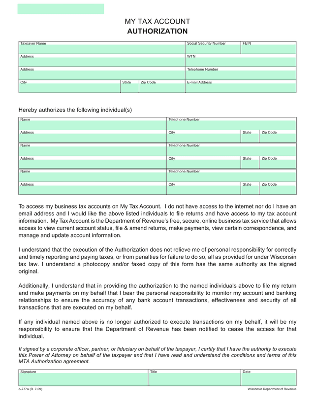 A 777A My Tax Account Authorization screenshot