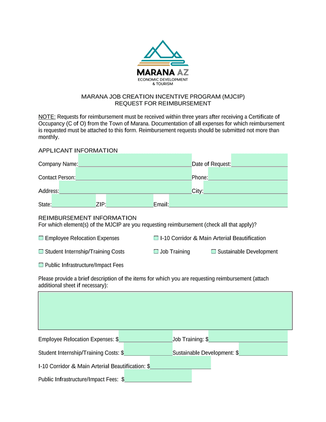 Marana Job Creation Incentive Program (MJCIP) Request For Reimbursement screenshot