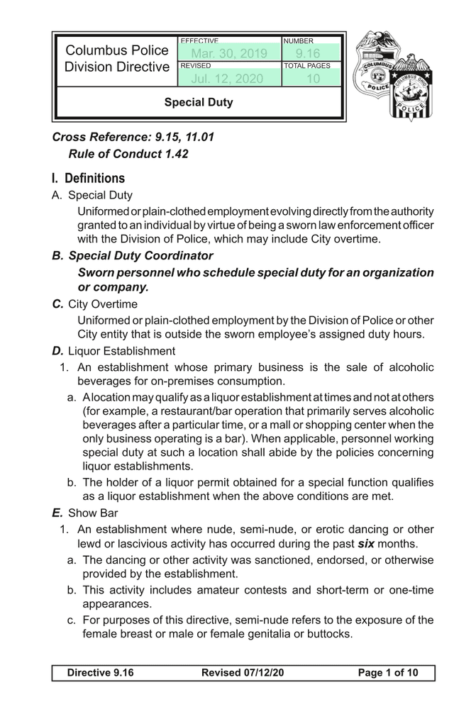 Columbus Police Division Directive 9.16   Special Duty screenshot