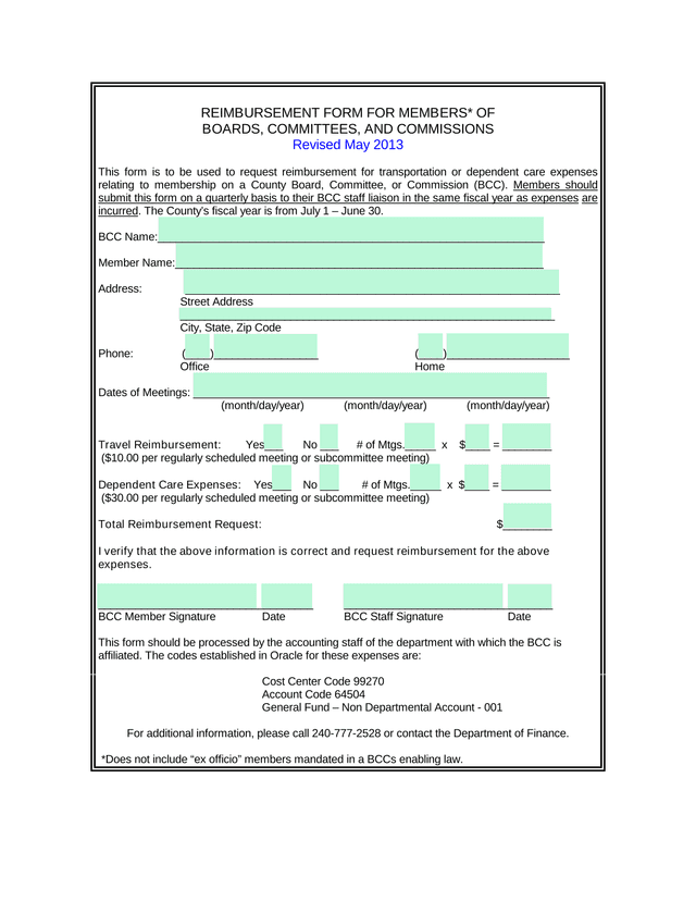 REIMBURSEMENT FORM FOR MEMBERS OF BOARDS, COMMITTEES, AND COMMISSIONS screenshot