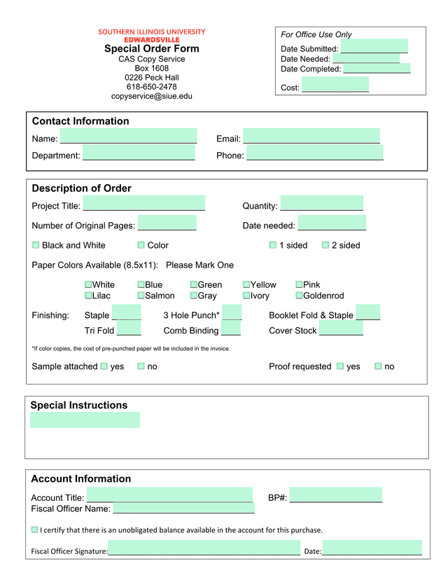 Special Order Form screenshot