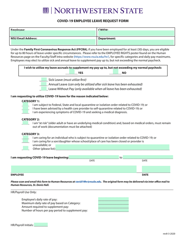 COVID 19 EMPLOYEE LEAVE REQUEST FORM screenshot