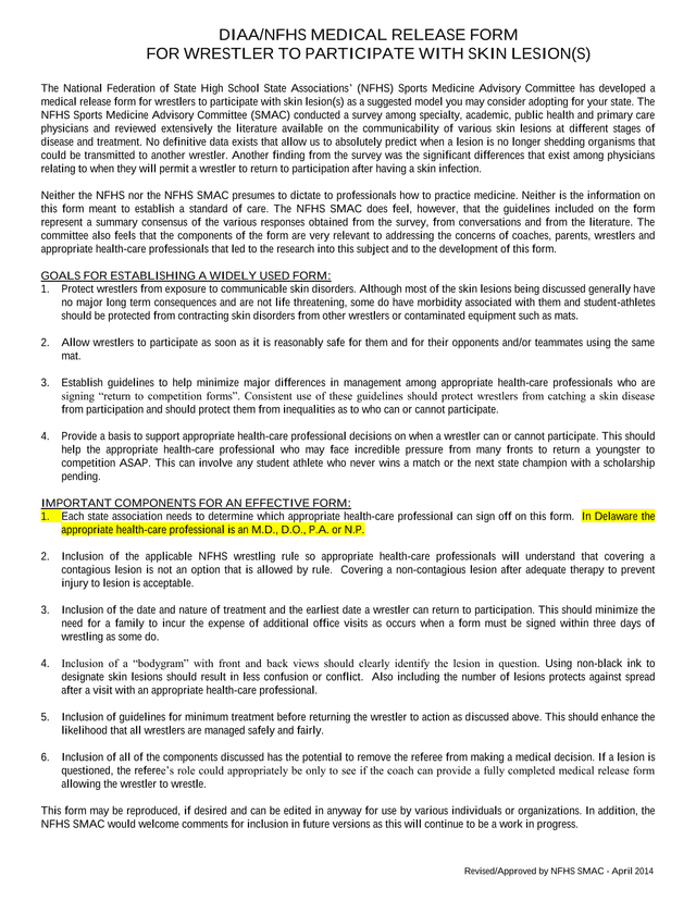 DIAANFHS Medical Release Form For Wrestler To Participate With Skin Lesion(S) screenshot