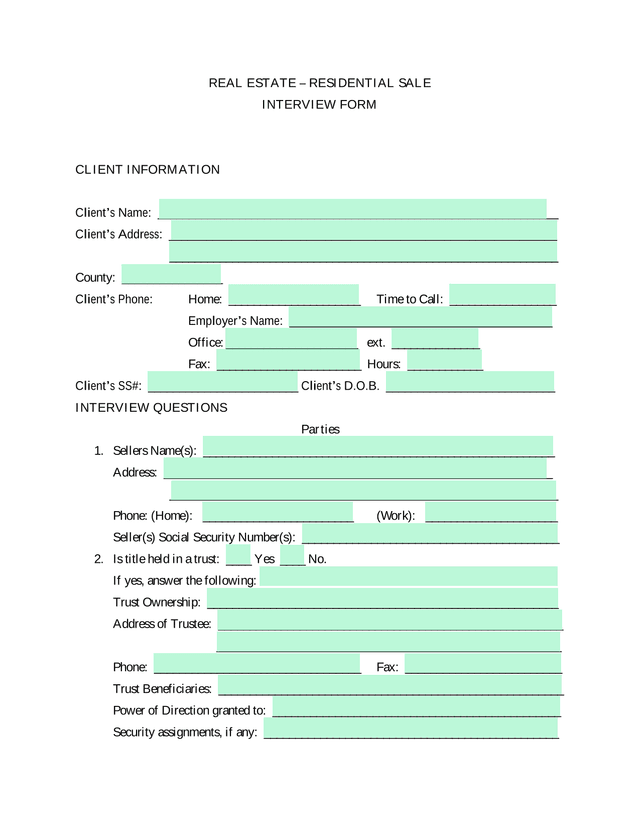 REAL ESTATE  RESIDENTIAL SALE INTERVIEW FORM screenshot