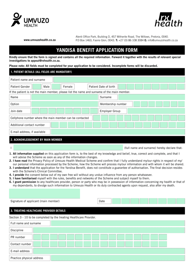 Yandisa Benefit Application Form screenshot