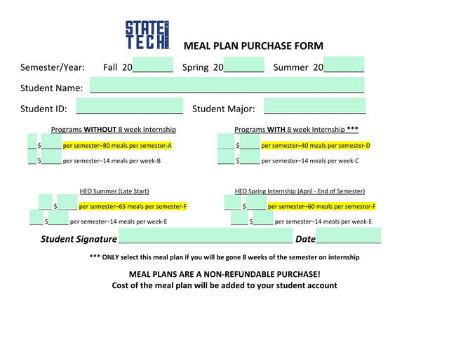 MEAL PLAN PURCHASE FORM screenshot