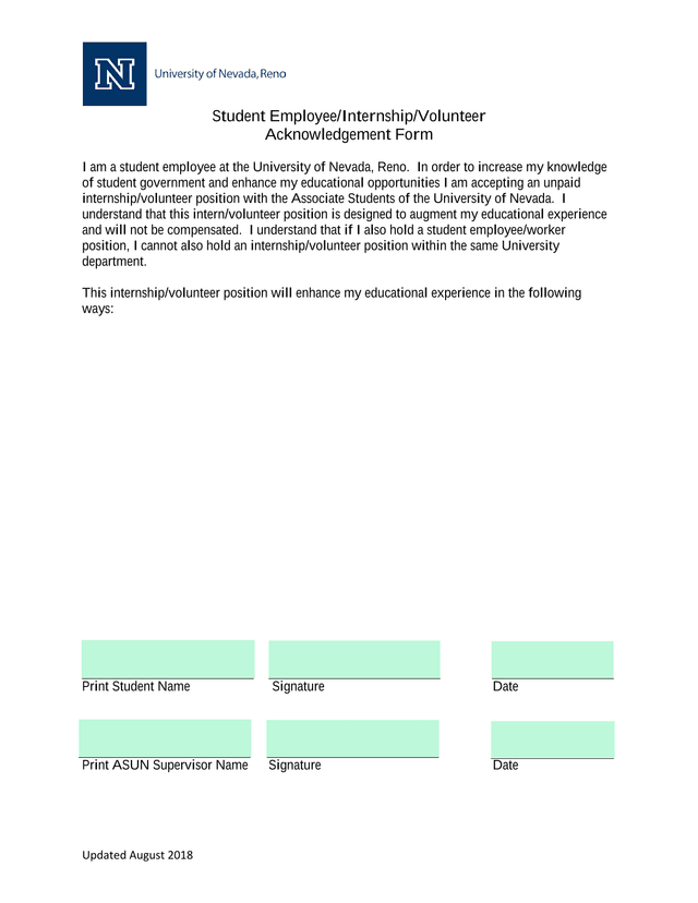 Student EmployeeInternshipVolunteer Acknowledgement Form screenshot