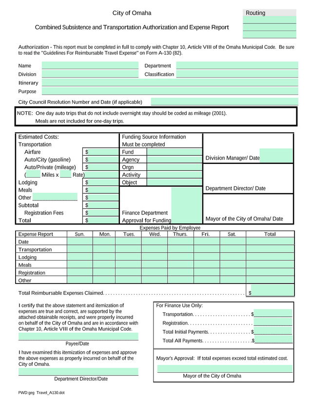Combined Subsistence And Transportation Authorization And Expense Report screenshot