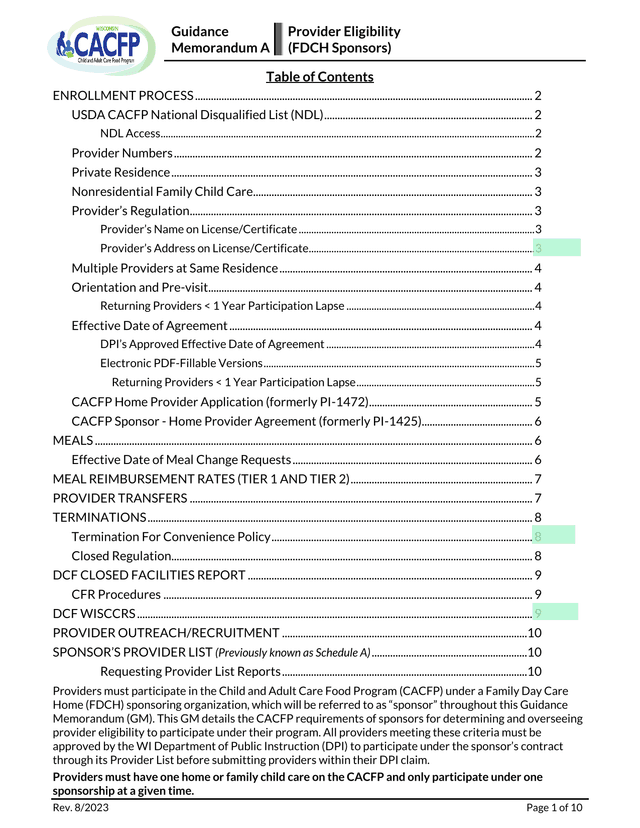 Guidance Memorandum A Provider Eligibility (FDCH Sponsors) screenshot