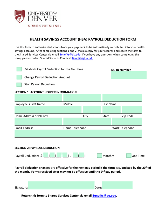 Health Savings Account (HSA) Payroll Deduction Form screenshot