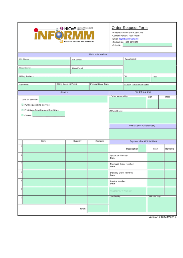 Order Request Form screenshot
