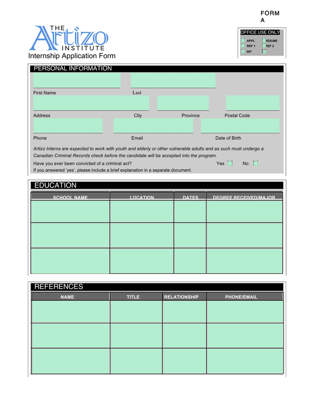 Internship Application Form screenshot