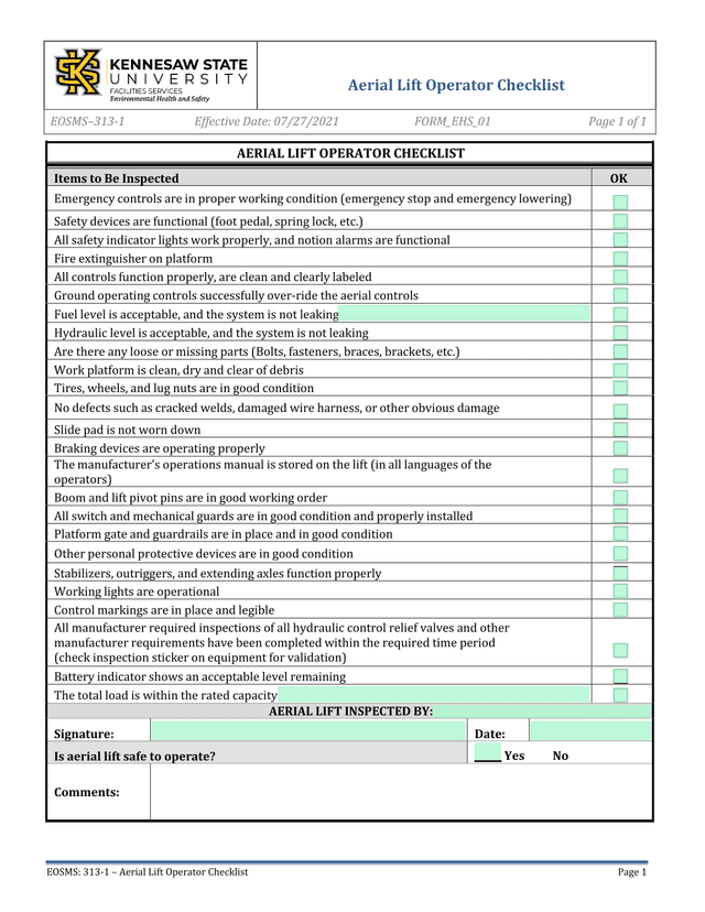 Aerial Lift Operator Checklist screenshot