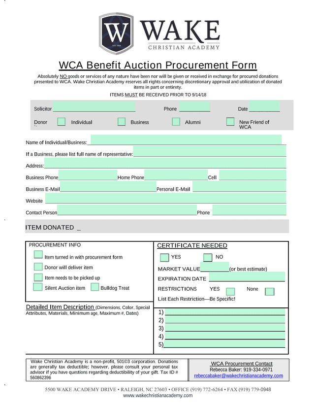 WCA Benefit Auction Procurement Form screenshot