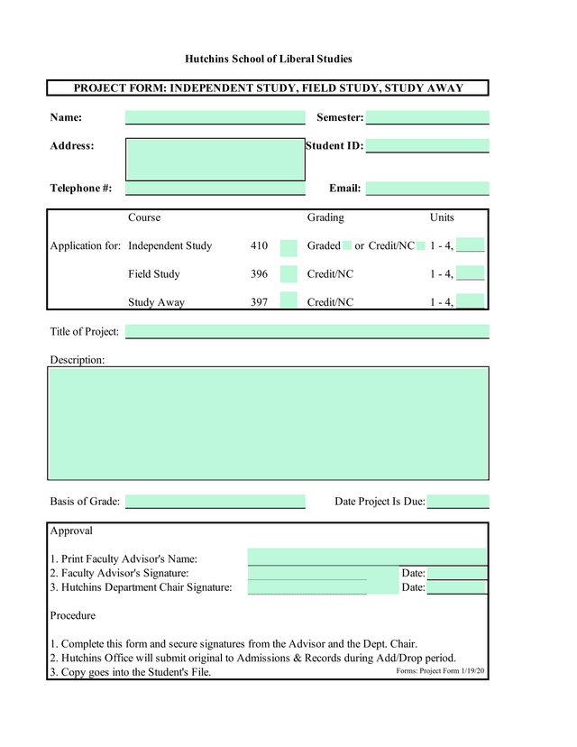 PROJECT FORM INDEPENDENT STUDY, FIELD STUDY, STUDY AWAY screenshot