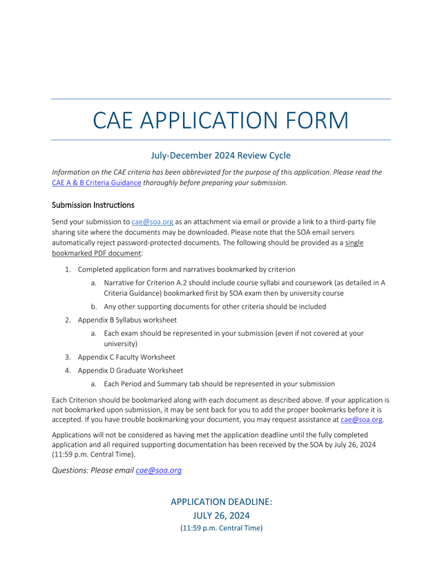 CAE Application Form screenshot
