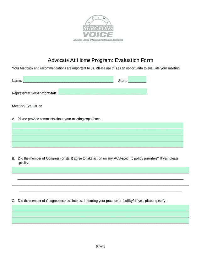 Advocate At Home Program Evaluation Form screenshot