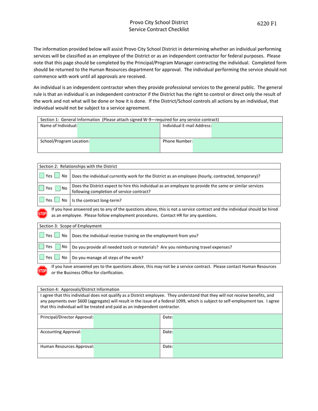 Service Contract Checklist screenshot