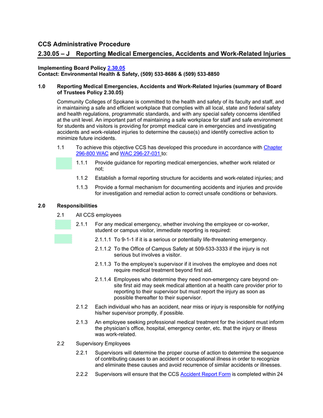 CCS Administrative Procedure 2.30.05  J Reporting Medical Emergencies, Accidents And Work Related In screenshot