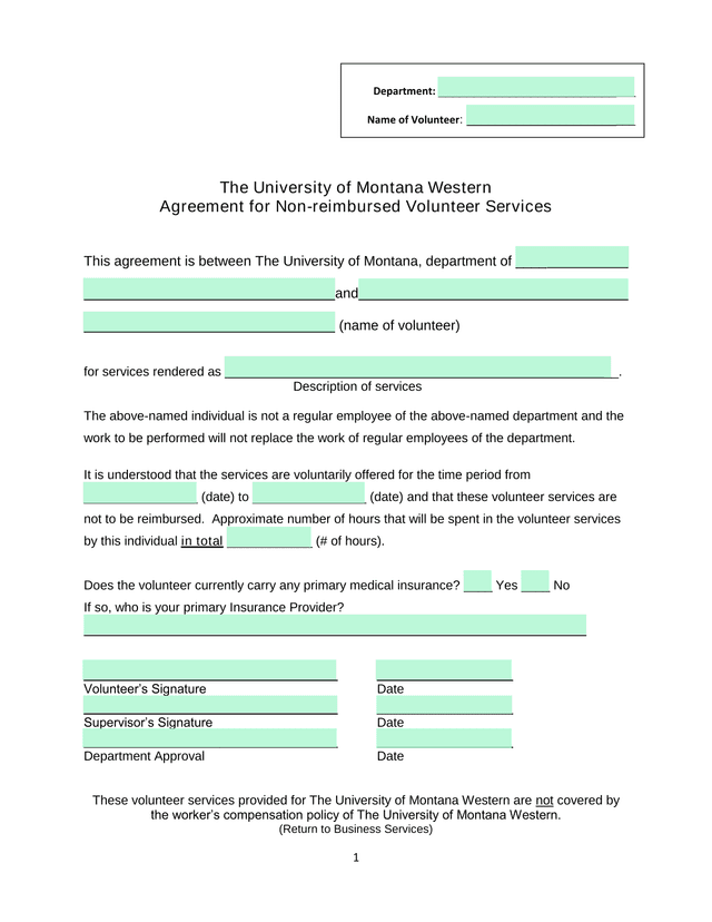 Agreement For Non Reimbursed Volunteer Services screenshot