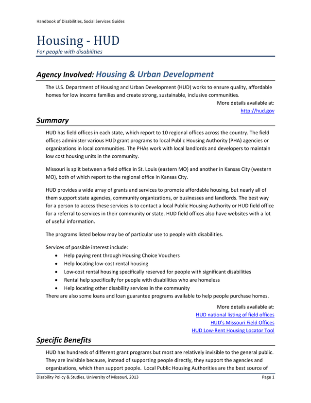 Handbook Of Disabilities, Social Services Guides   HUD Housing screenshot