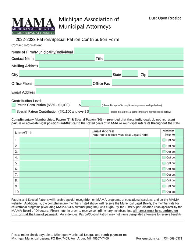 Michigan Association Of Municipal Attorneys 2022 2023 PatronSpecial Patron Contribution Form screenshot
