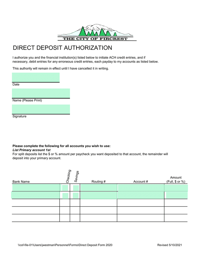 Direct Deposit Authorization screenshot