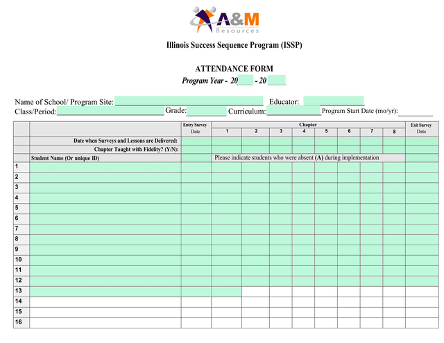 Illinois Success Sequence Program (ISSP) Attendance Form screenshot