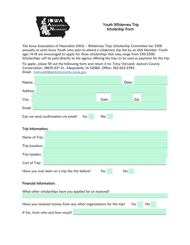 Youth Wilderness Trip Scholarship Form screenshot