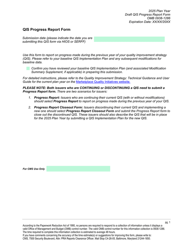 2025 Plan Year Draft QIS Progress Report Form screenshot