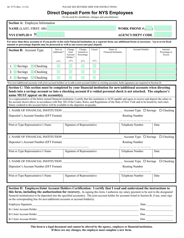 Direct Deposit Form For NYS Employees screenshot