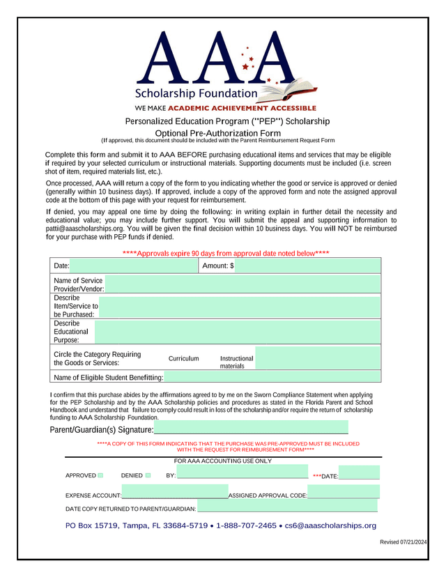 Personalized Education Program (PEP) Scholarship Optional Pre Authorization Form screenshot