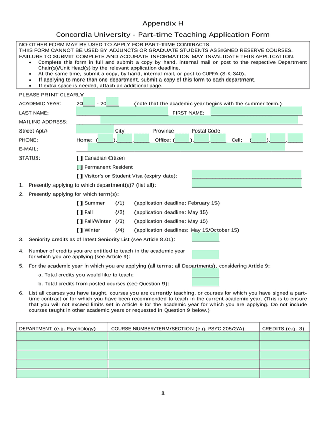 Concordia University   Part Time Teaching Application Form screenshot