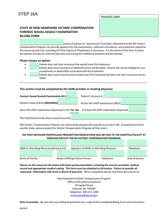 STATE OF NEW HAMPSHIRE VICTIMS COMPENSATION FORENSIC SEXUAL ASSAULT EXAMINATION BILLING FORM screenshot