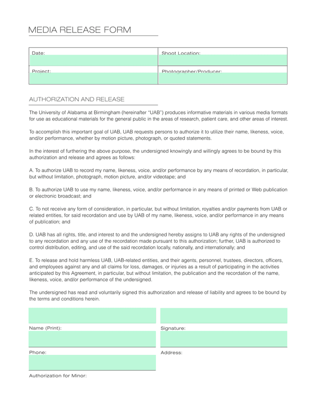 Media Release Form screenshot