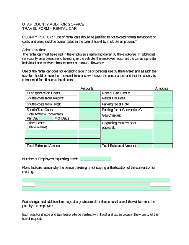 UTAH COUNTY AUDITORS OFFICE TRAVEL FORM  RENTAL CAR screenshot