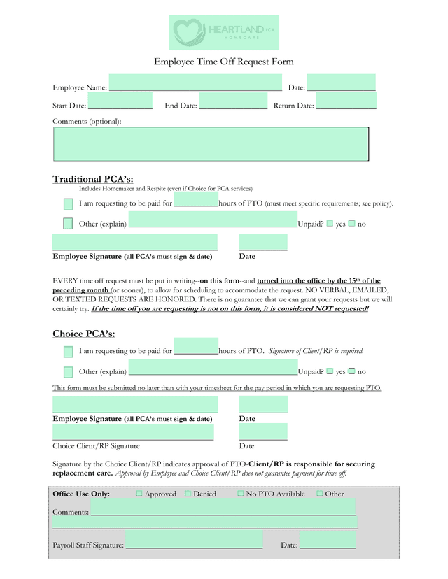 Employee Time Off Request Form screenshot