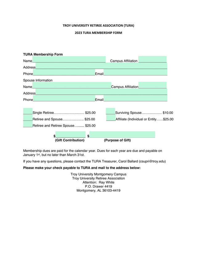TURA Membership Form screenshot