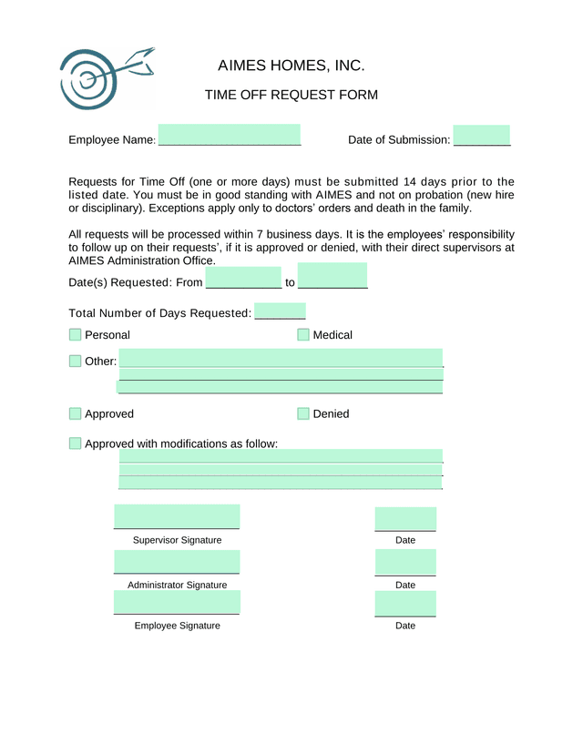 AIMES HOMES, INC. TIME OFF REQUEST FORM screenshot